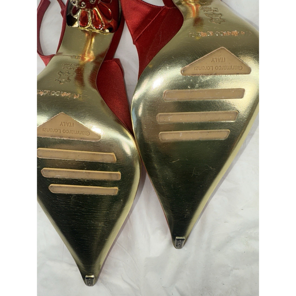 Gianmarco Lorenzi sling back pump satin Red Size 38 Ornate gold embellished new - Picture 10 of 12